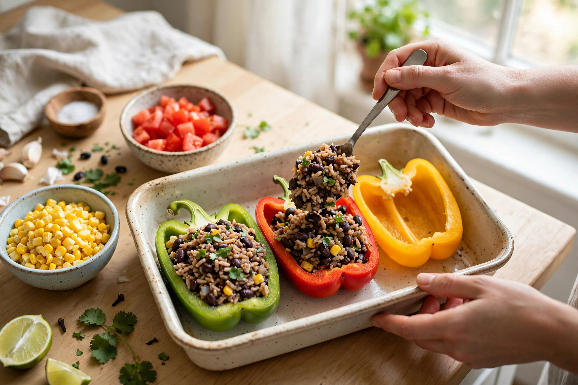 Vegetarian Stuffed Bell Peppers with Rice and Black Beans