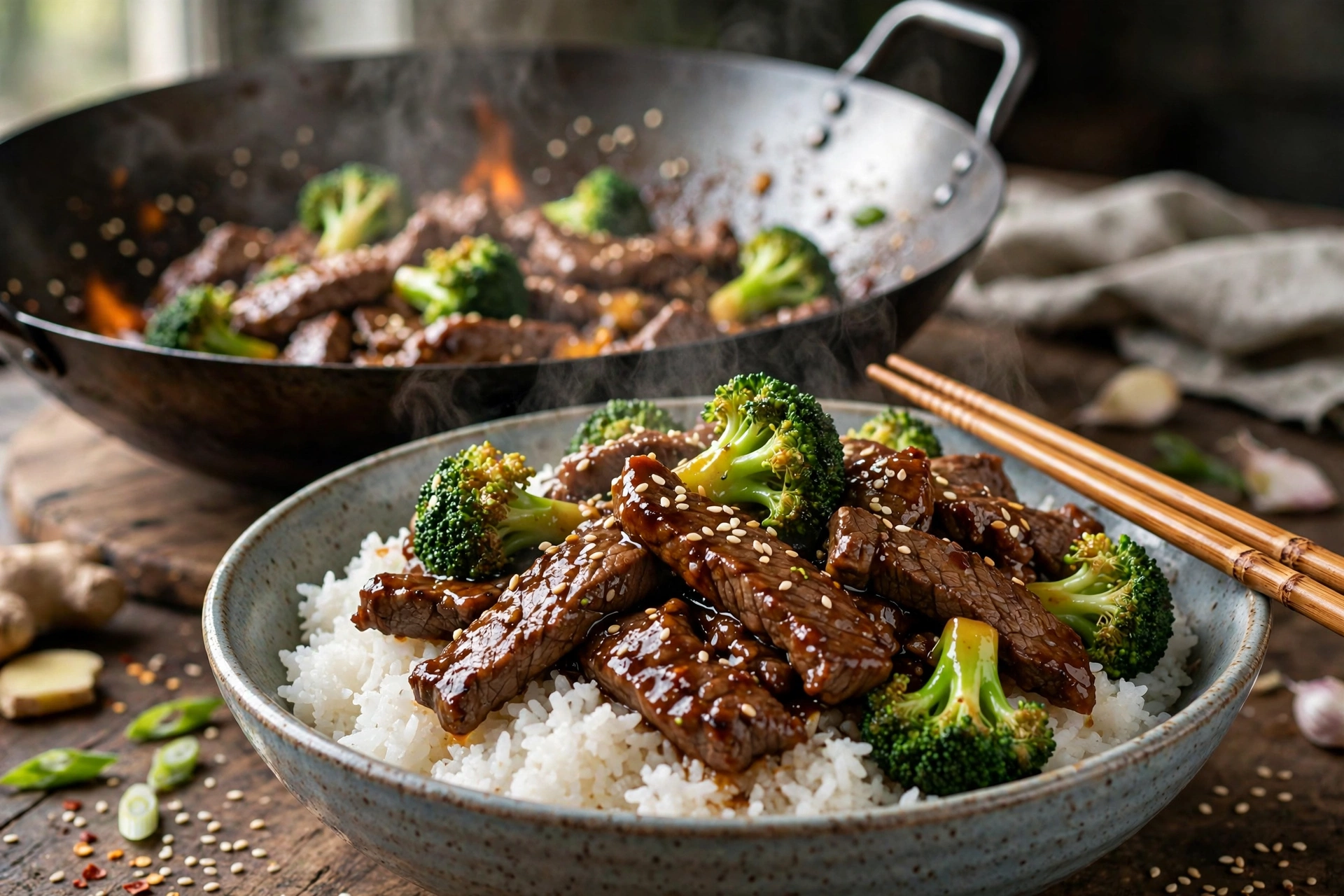 Beef and broccoli stir fry in a wok with glossy sauce and sesame seeds, served over steamed rice