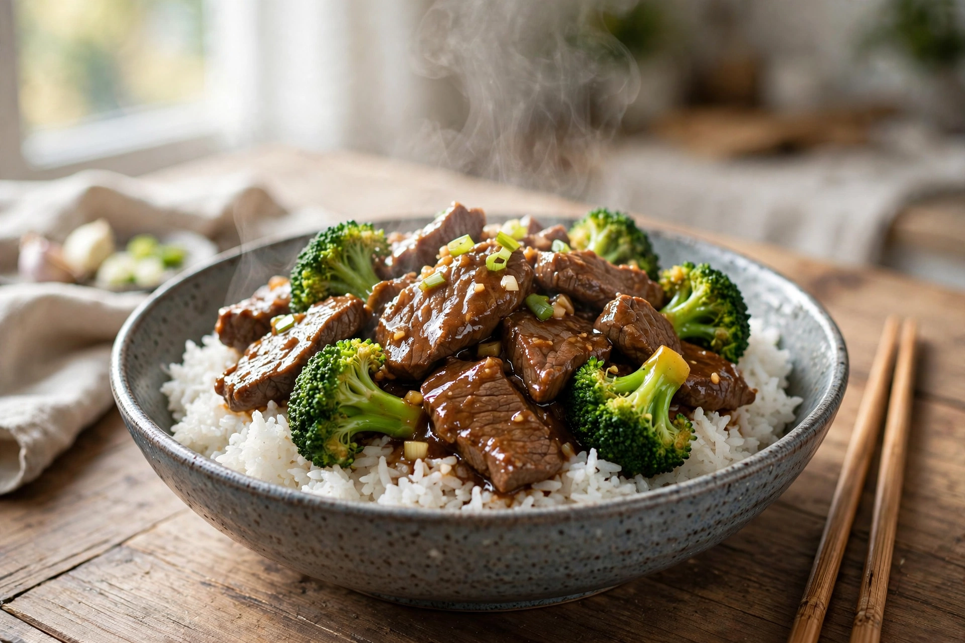 Beef and broccoli stir fry with glossy sauce served over rice