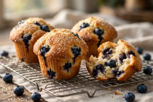 Tall bakery-style blueberry muffins with domed golden tops and coarse sugar