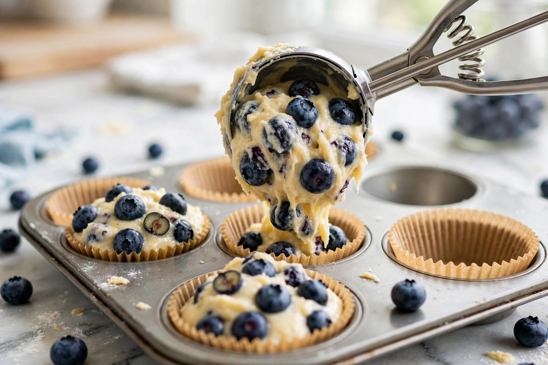 Blueberry muffin batter being scooped into a muffin tin