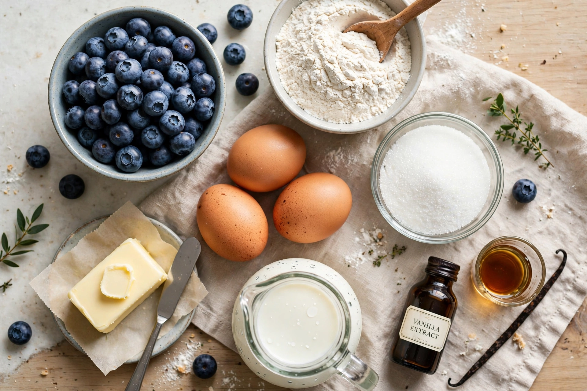 Blueberry muffin ingredients on a kitchen counter