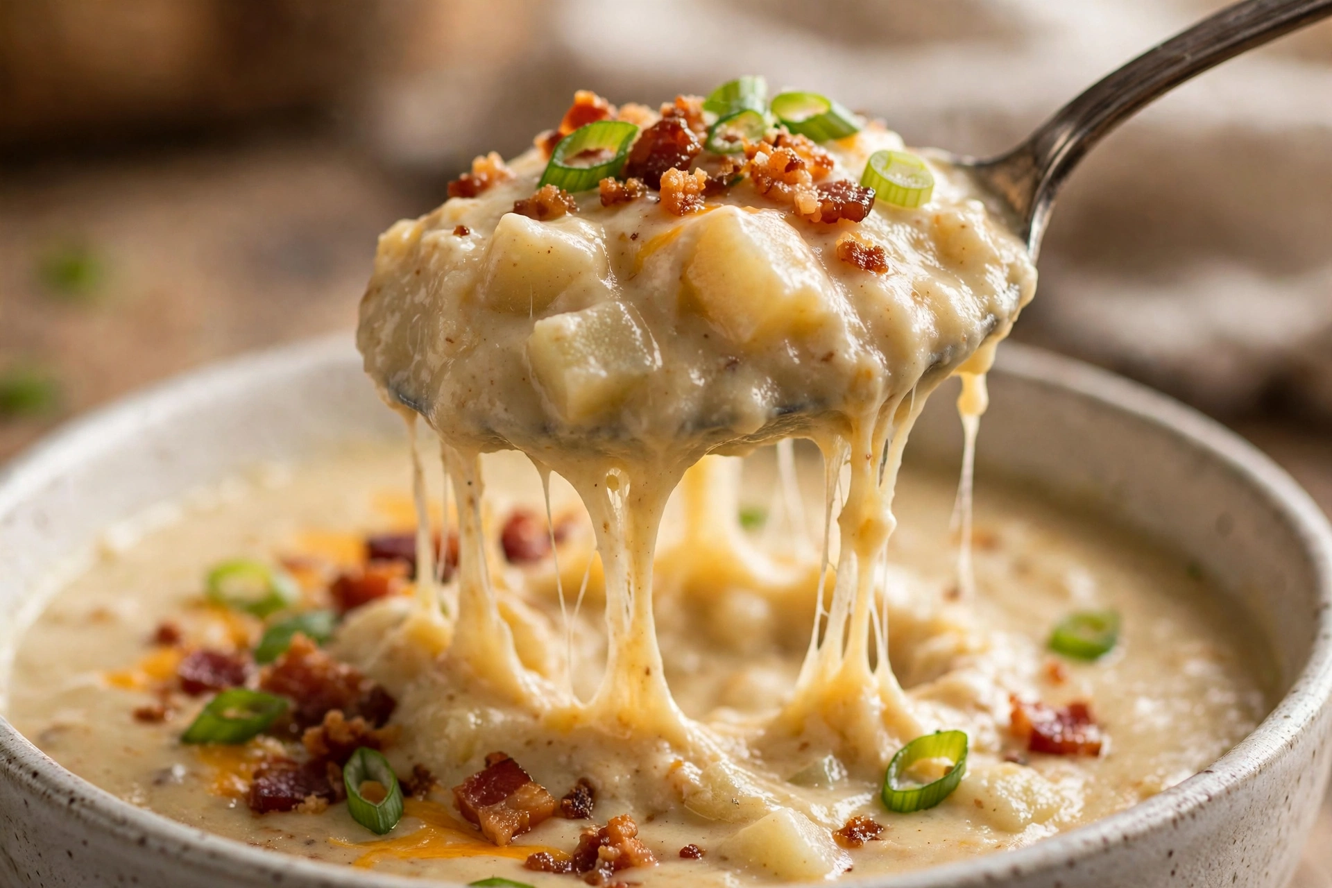 Closeup of creamy loaded baked potato soup with cheddar and bacon