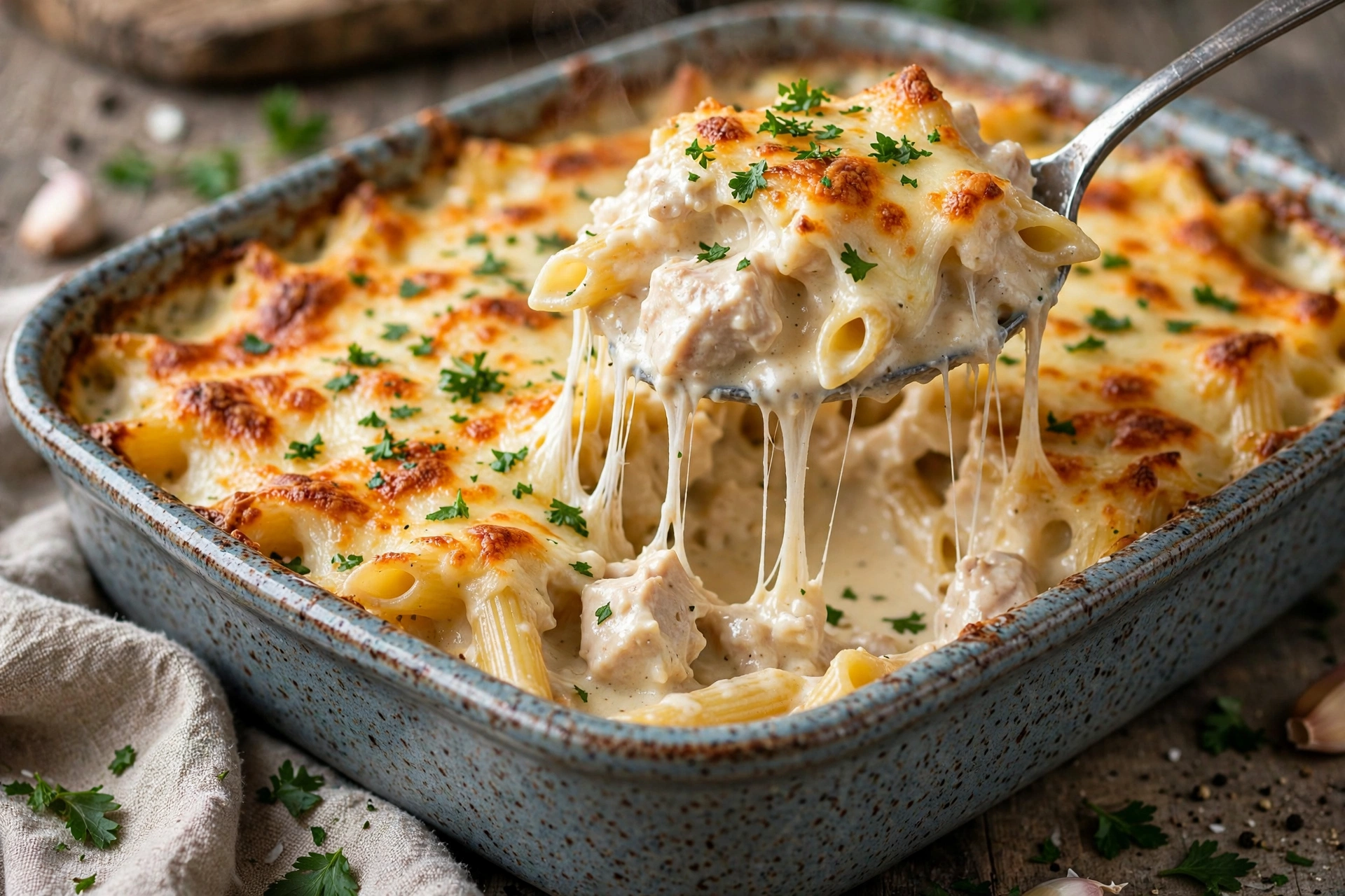Chicken alfredo bake in a ceramic casserole dish with a bubbly golden cheese top and a cheesy spoonful being lifted