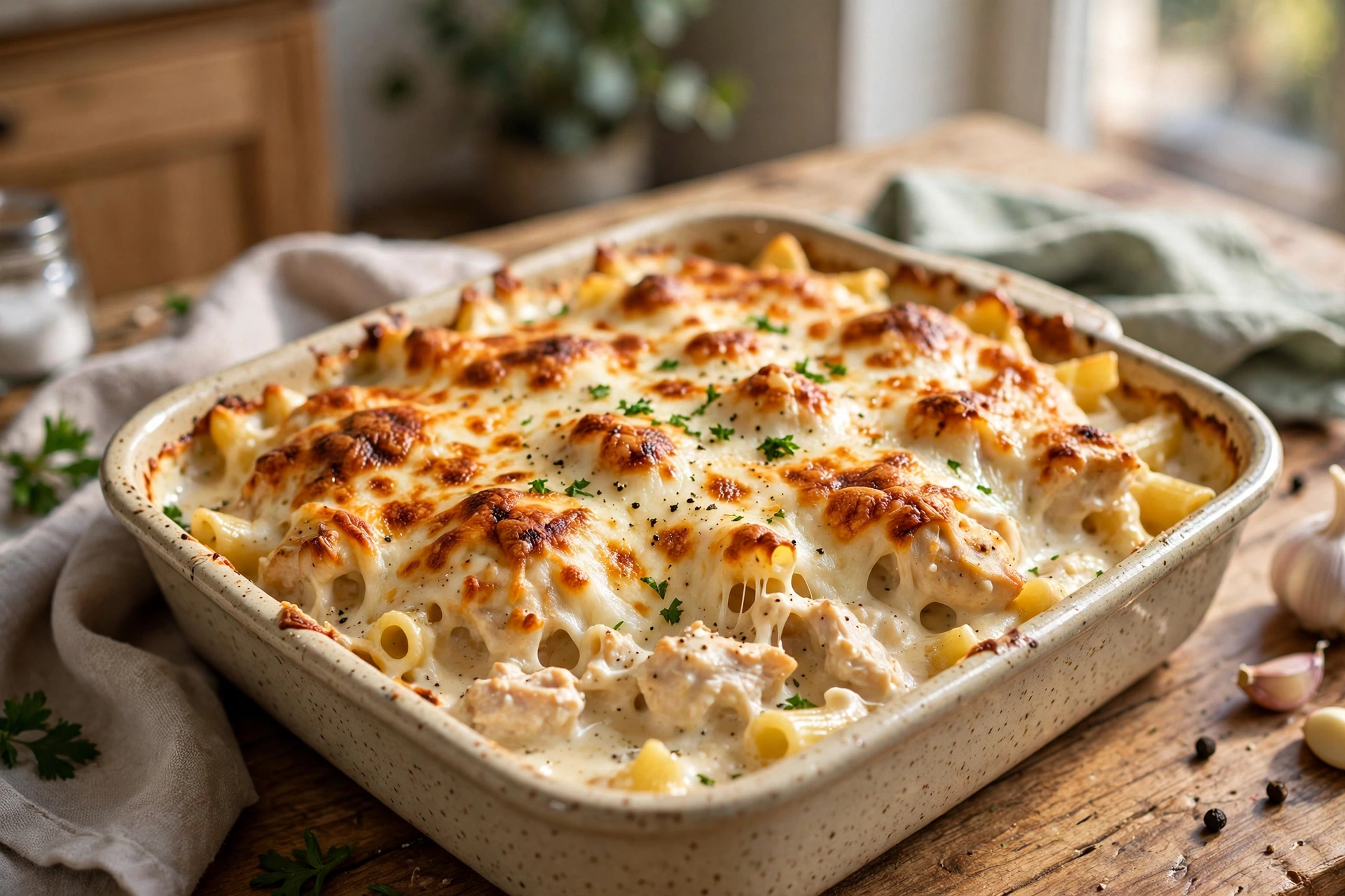 Cheesy chicken Alfredo pasta bake with a golden mozzarella top
