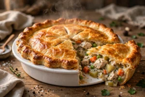 Golden-brown chicken pot pie with flaky crust, slice showing creamy filling