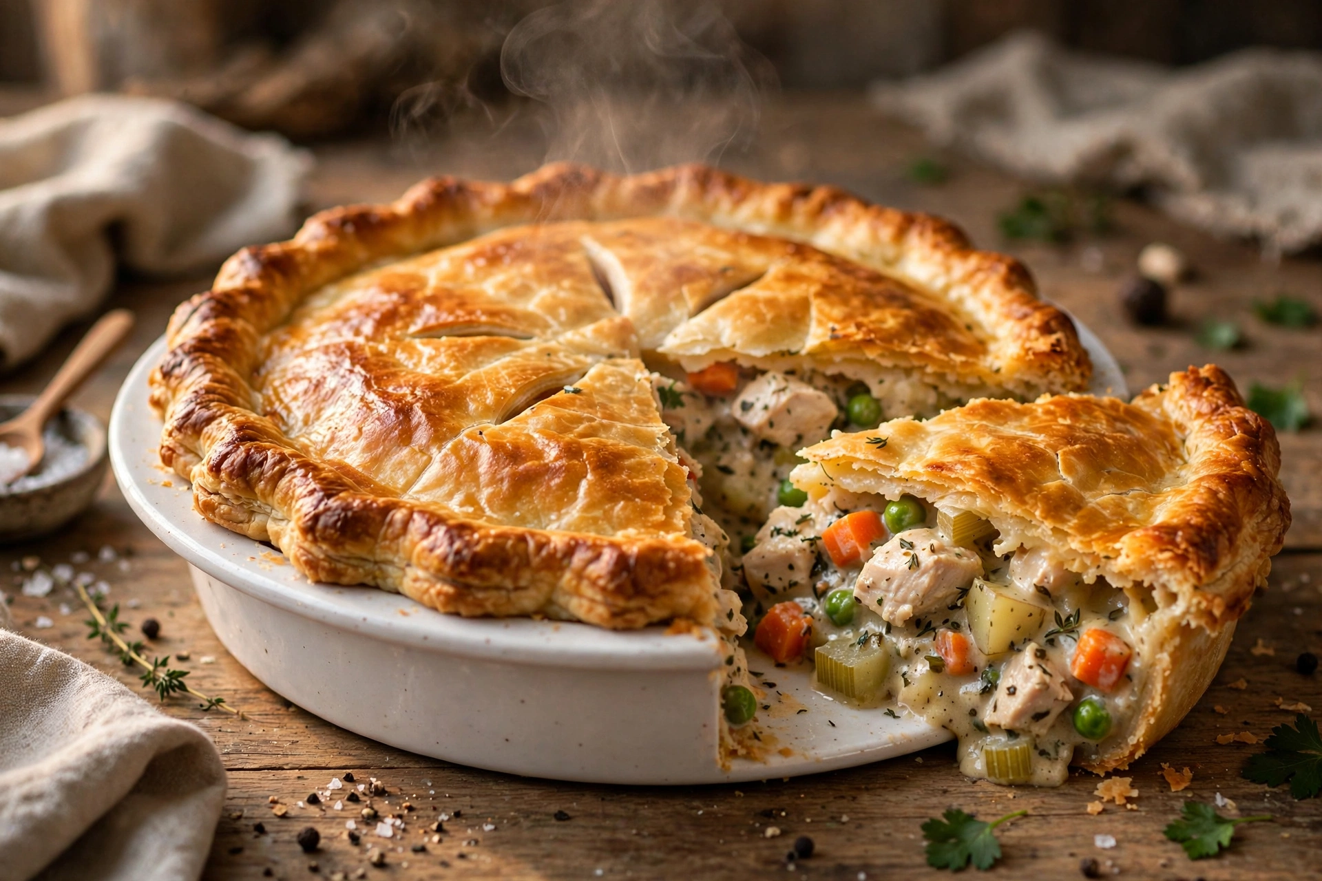 Golden-brown chicken pot pie with flaky crust, slice showing creamy filling