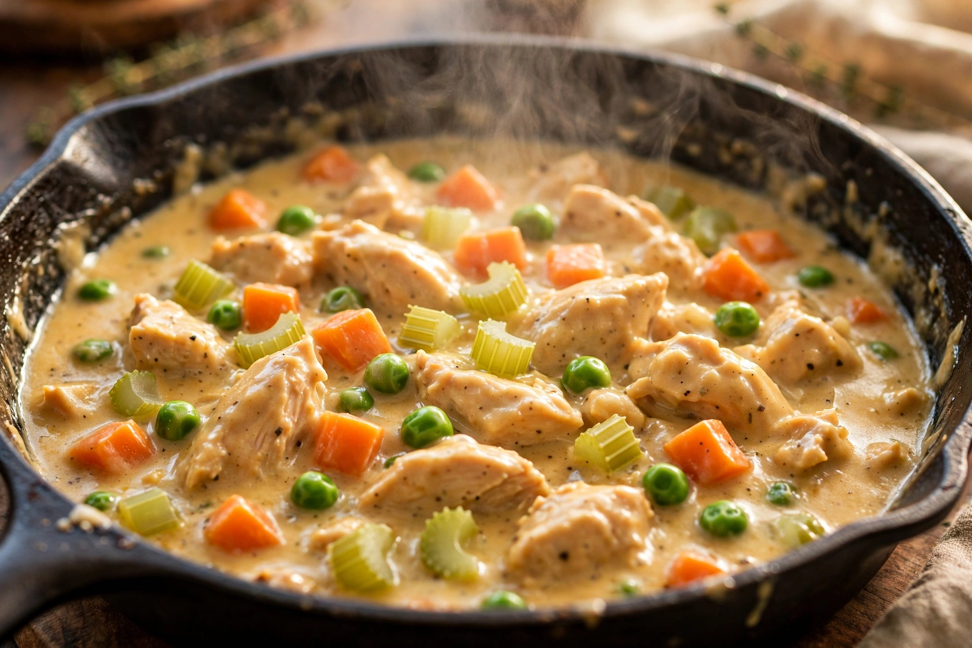 Creamy chicken pot pie filling with chicken, carrots, peas and celery