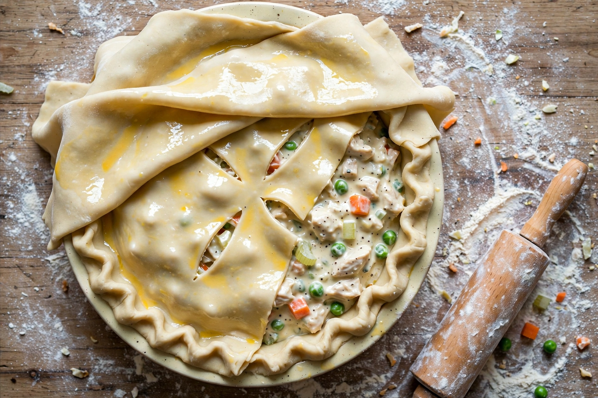 Unbaked chicken pot pie with raw crust and crimped edges