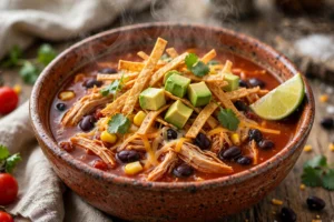 Chicken tortilla soup in a bowl topped with tortilla strips, avocado, cheese and lime