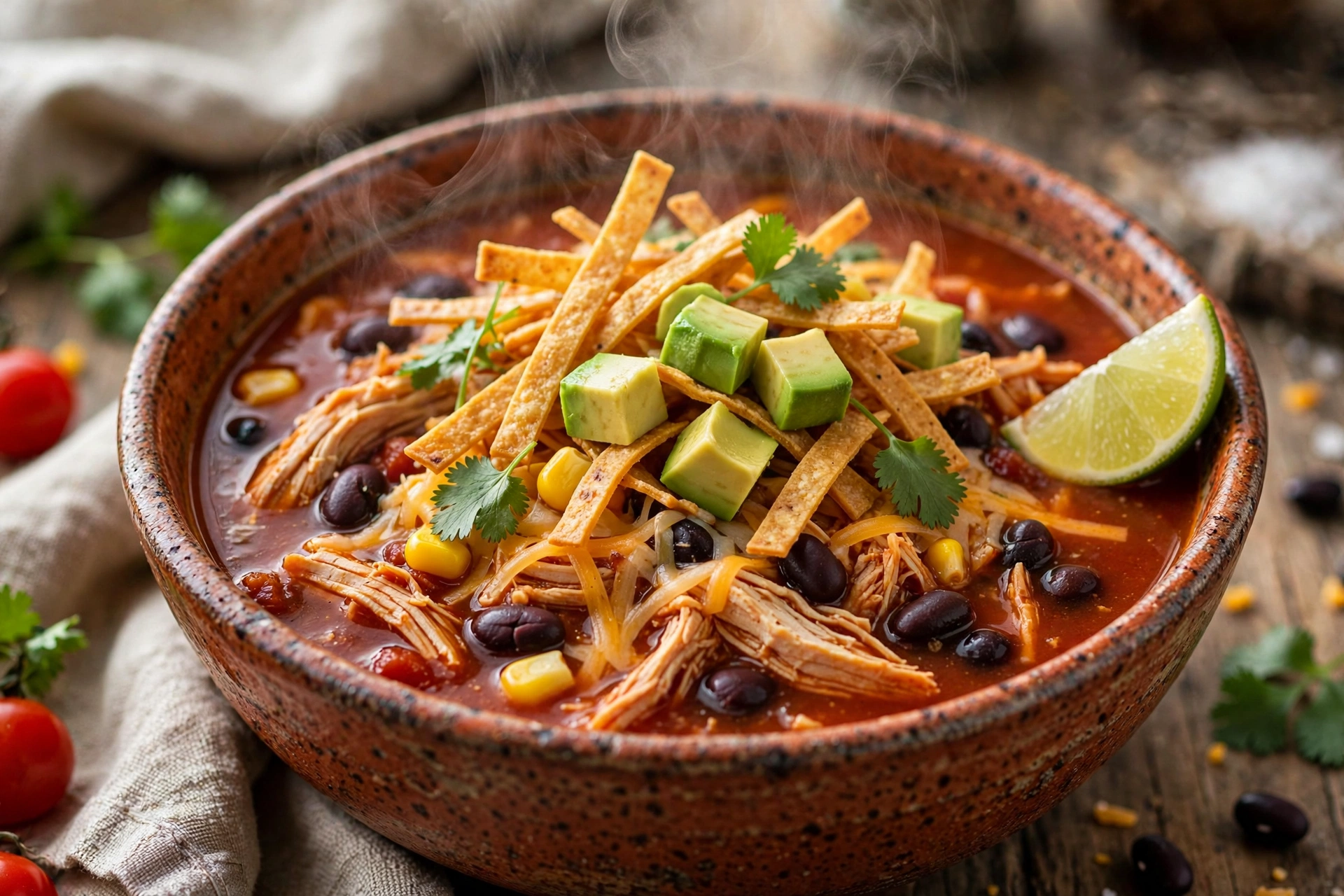 Chicken tortilla soup in a bowl topped with tortilla strips, avocado, cheese and lime