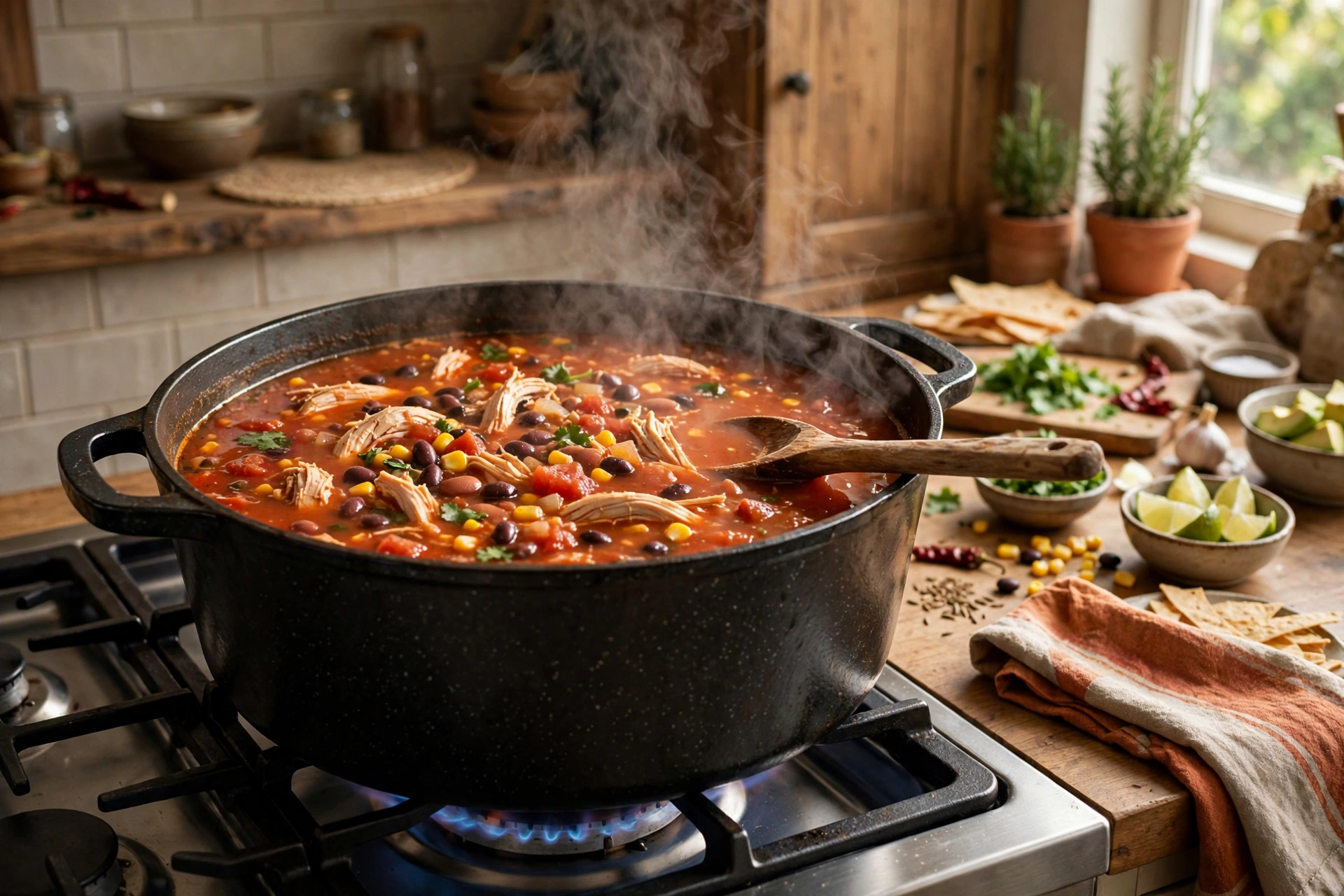 Chicken tortilla soup simmering in a pot