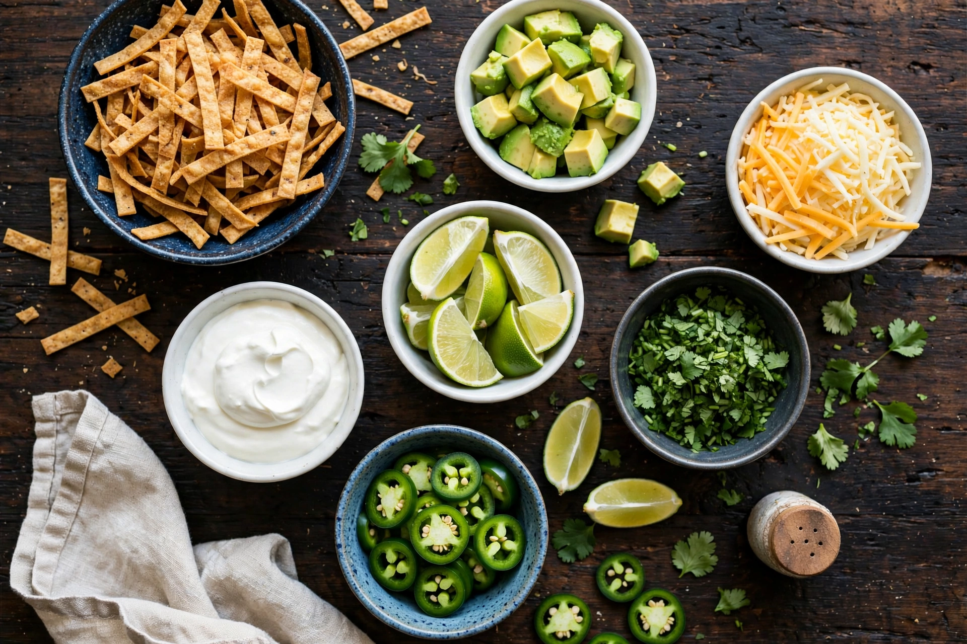 Toppings for chicken tortilla soup in small bowls