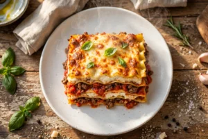 Slice of classic beef lasagna showing layers of pasta, beef sauce, ricotta and melted mozzarella