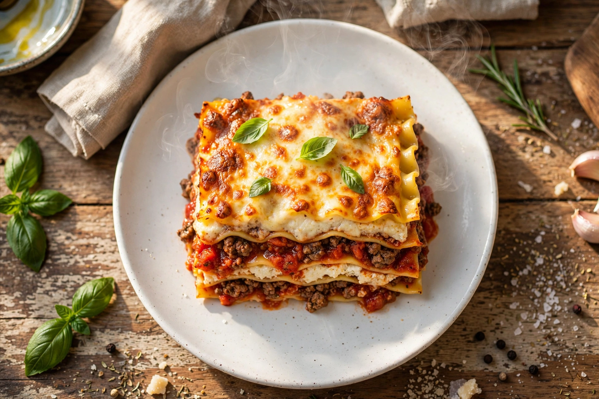 Slice of classic beef lasagna showing layers of pasta, beef sauce, ricotta and melted mozzarella