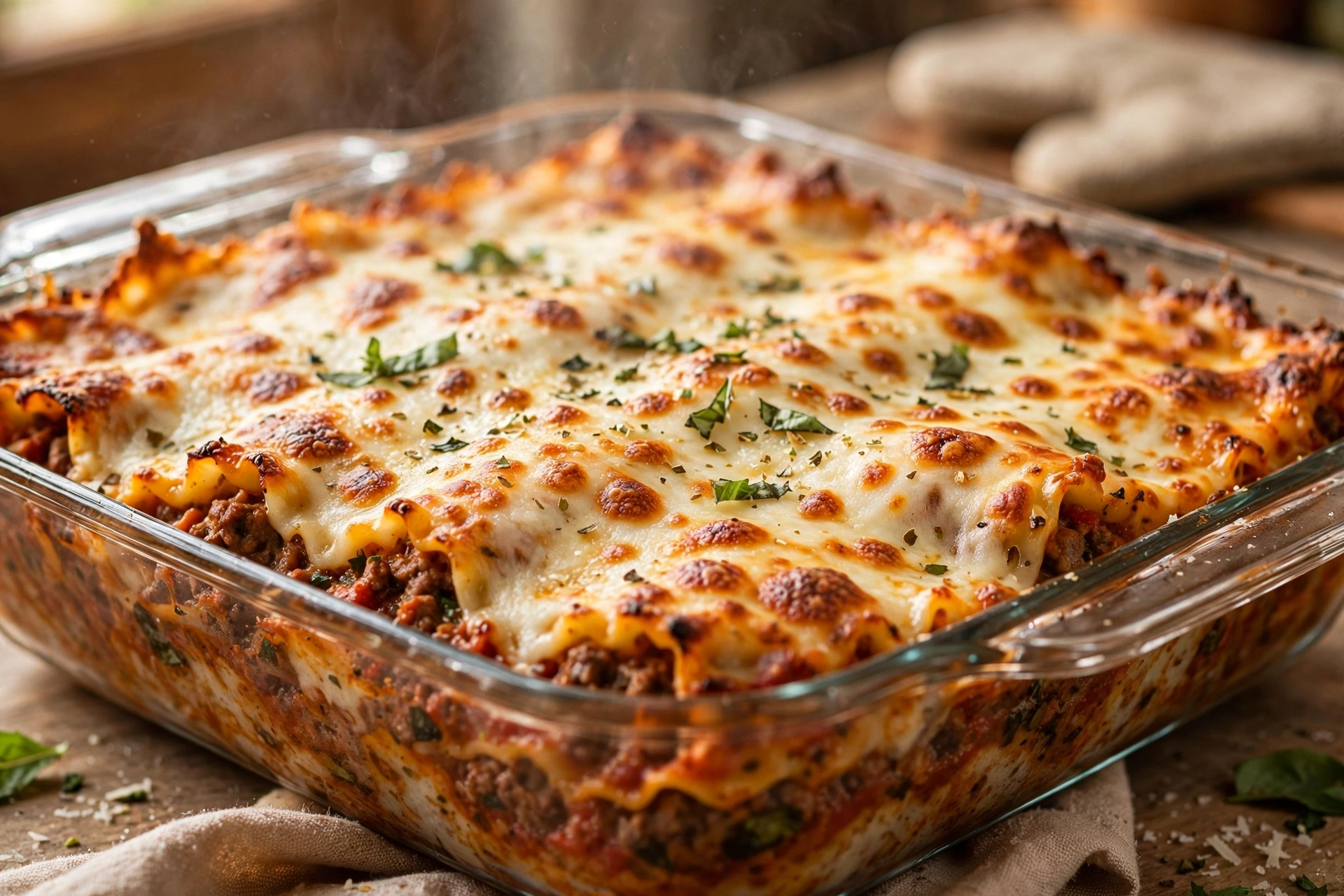 Beef lasagna baking in a dish with bubbly golden mozzarella top