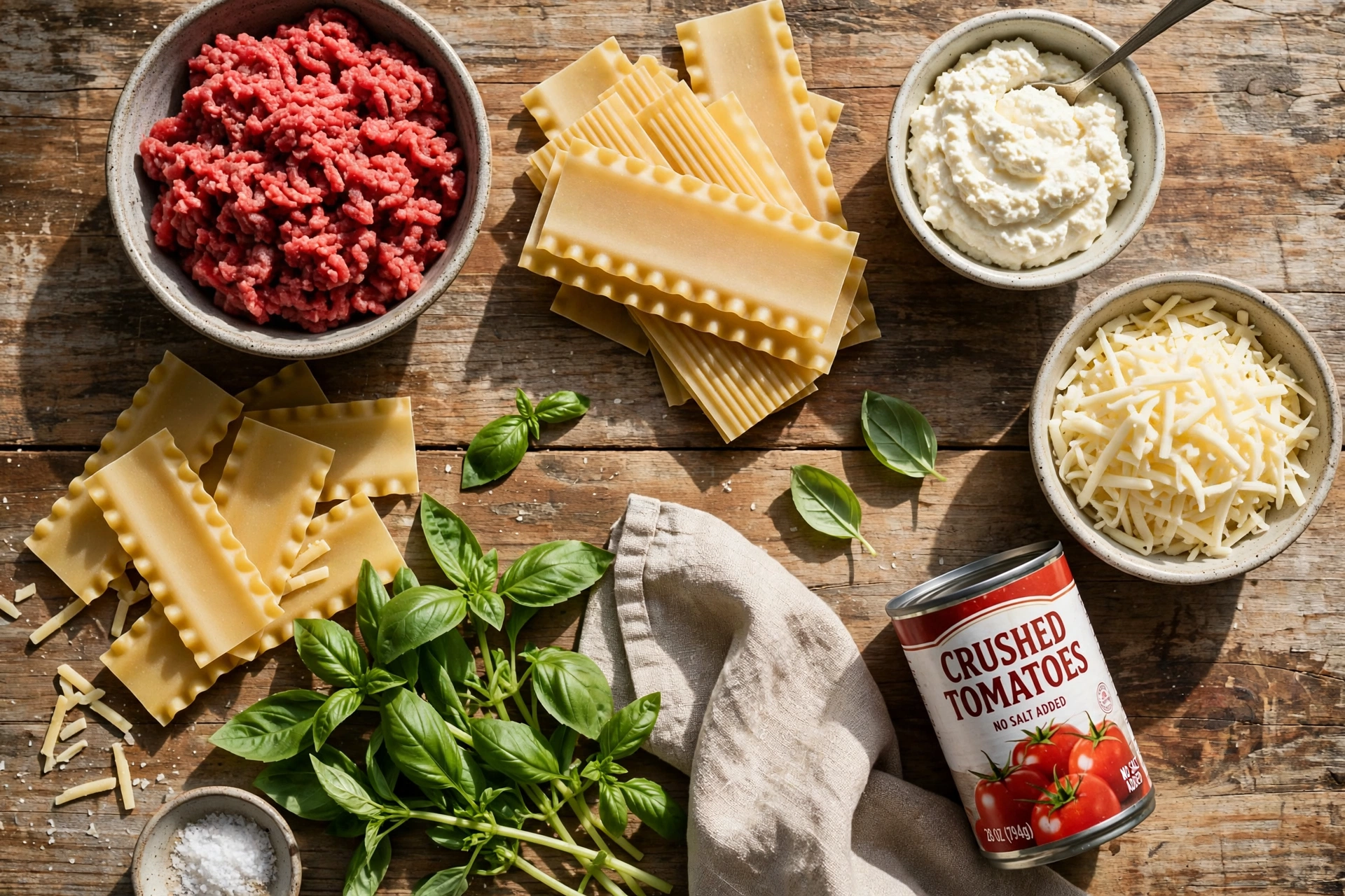 Lasagna ingredients arranged on a kitchen counter