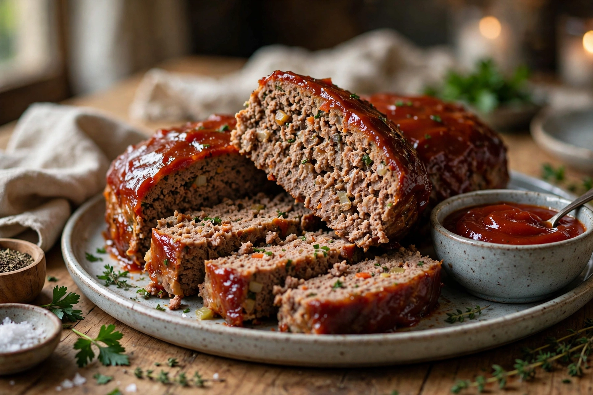 Sliced classic meatloaf with a shiny tangy tomato glaze on a serving platter showing the moist interior