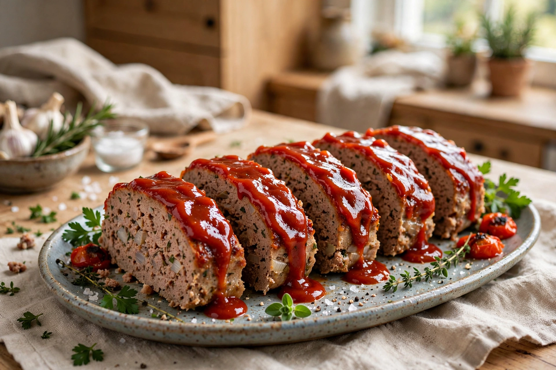 Sliced classic meatloaf with tangy glaze on a serving platter