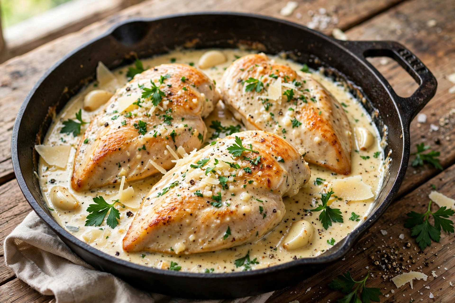 Creamy garlic parmesan chicken skillet with rich sauce