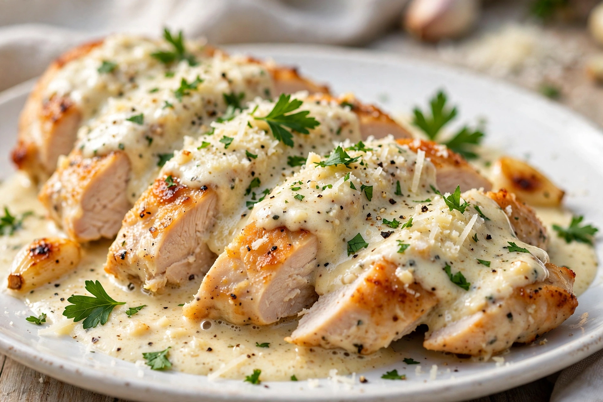 Close-up of garlic parmesan chicken skillet