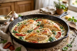Creamy Tuscan chicken skillet with parmesan cream sauce, sun-dried tomatoes and spinach