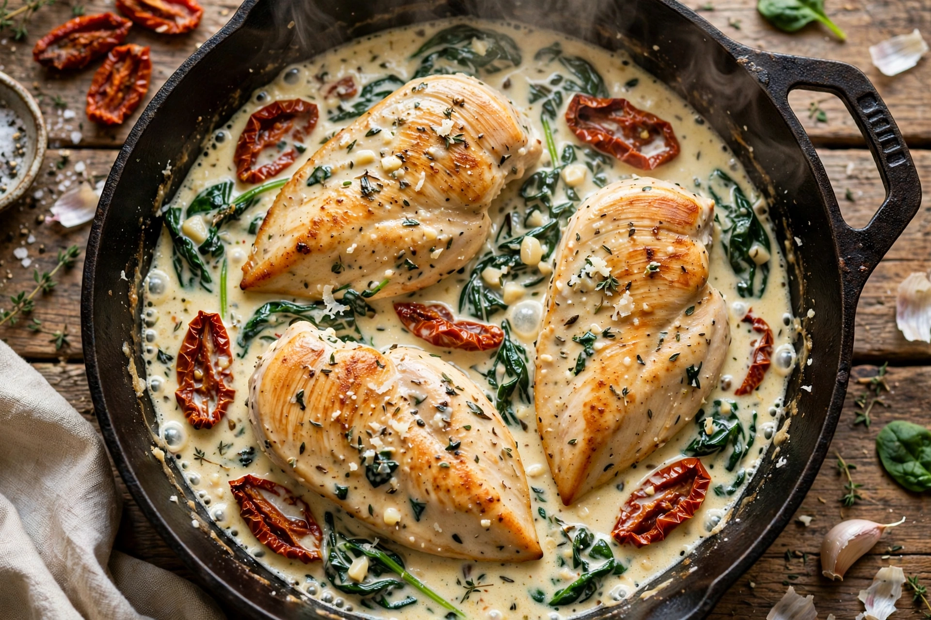 Creamy Tuscan chicken simmering in a cast iron skillet with sun-dried tomatoes and spinach in garlic cream sauce
