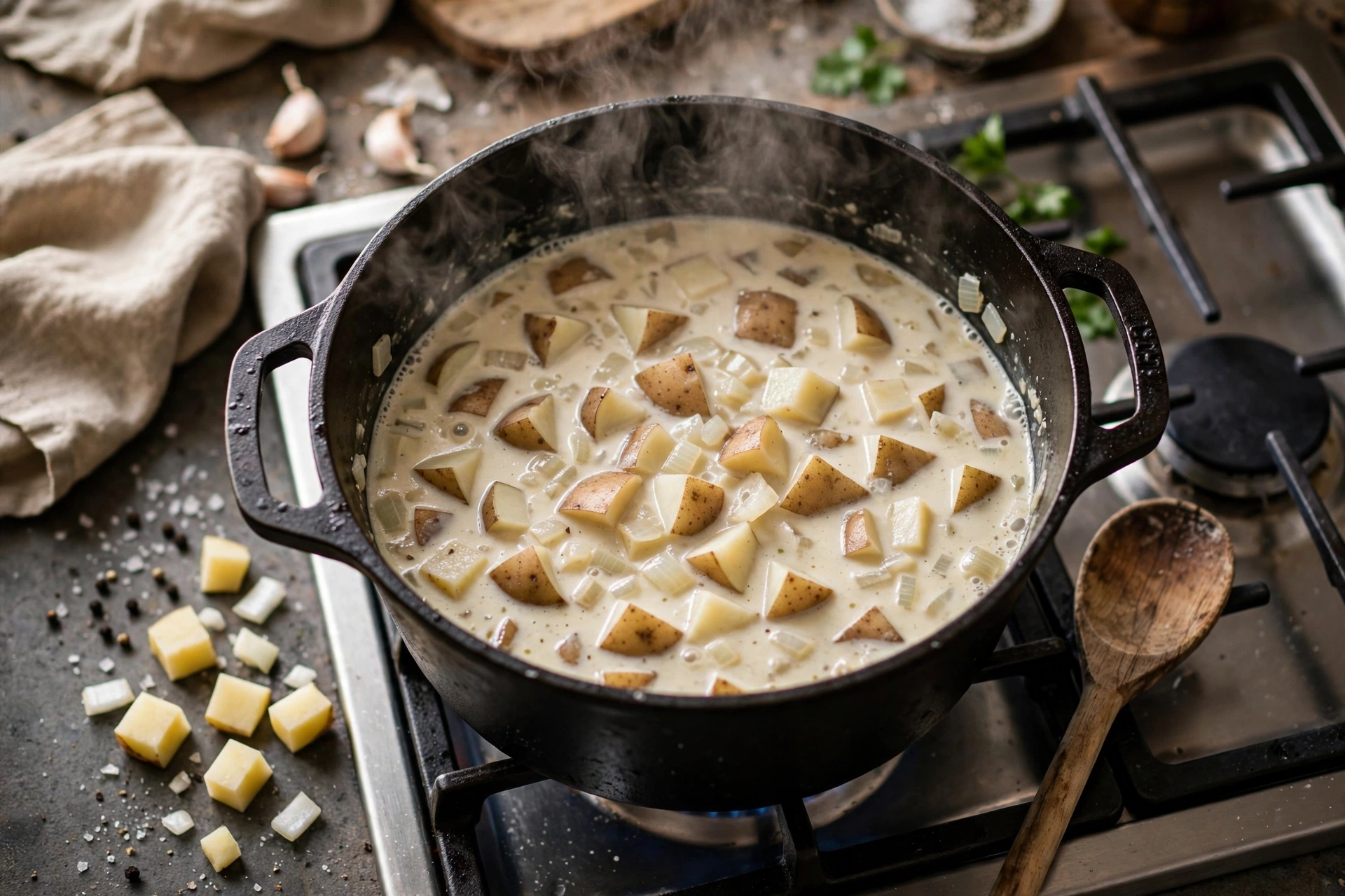 Loaded baked potato soup with diced potatoes simmering in creamy broth