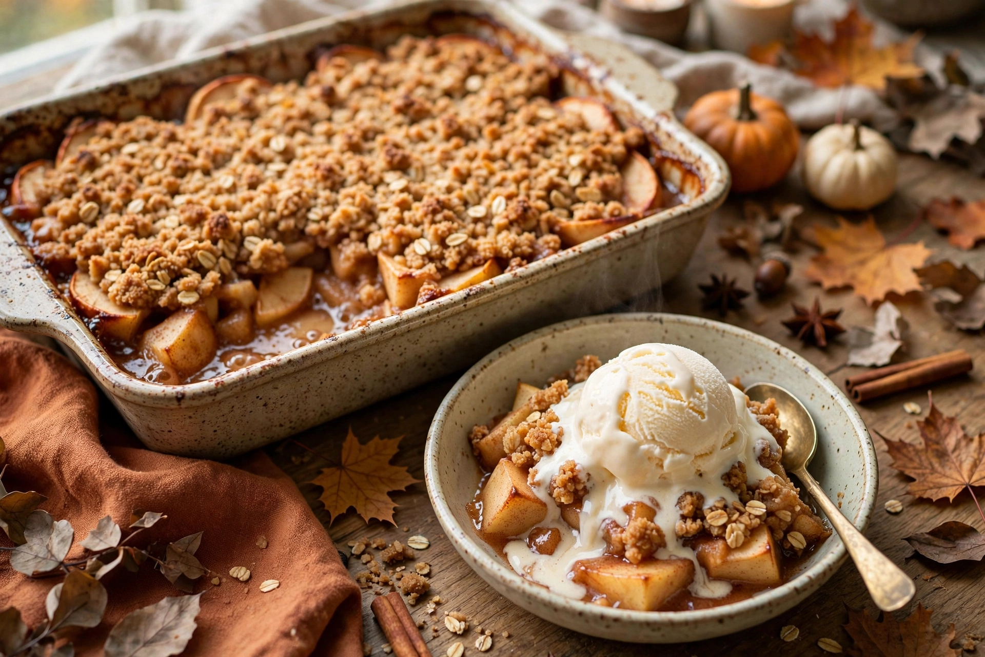 Warm apple crisp with golden oat crumble topping and a scoop of vanilla ice cream melting over a served portion