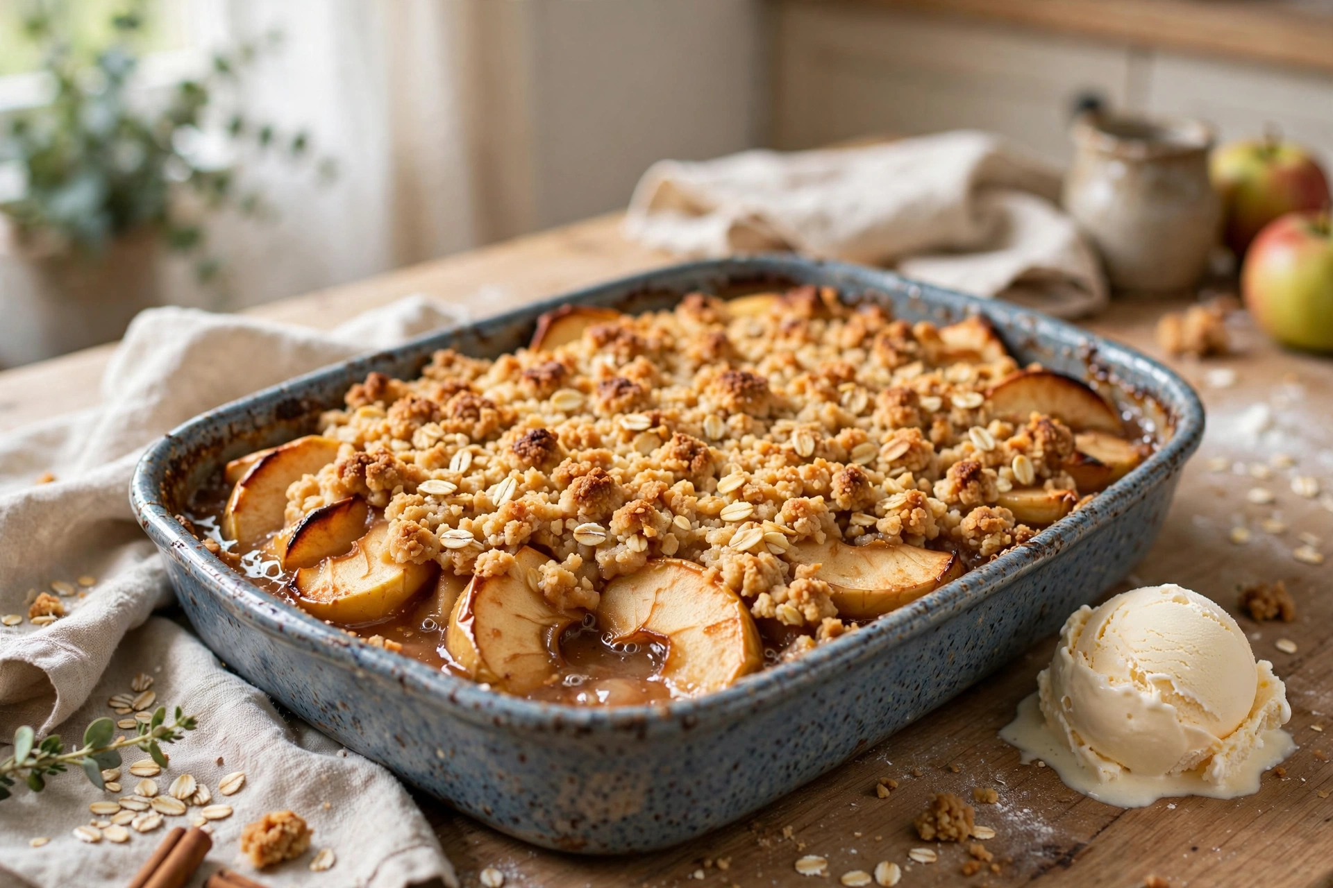 Apple crisp with buttery oat topping and vanilla ice cream