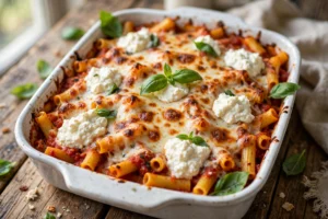 Easy baked ziti with ricotta and melted mozzarella
