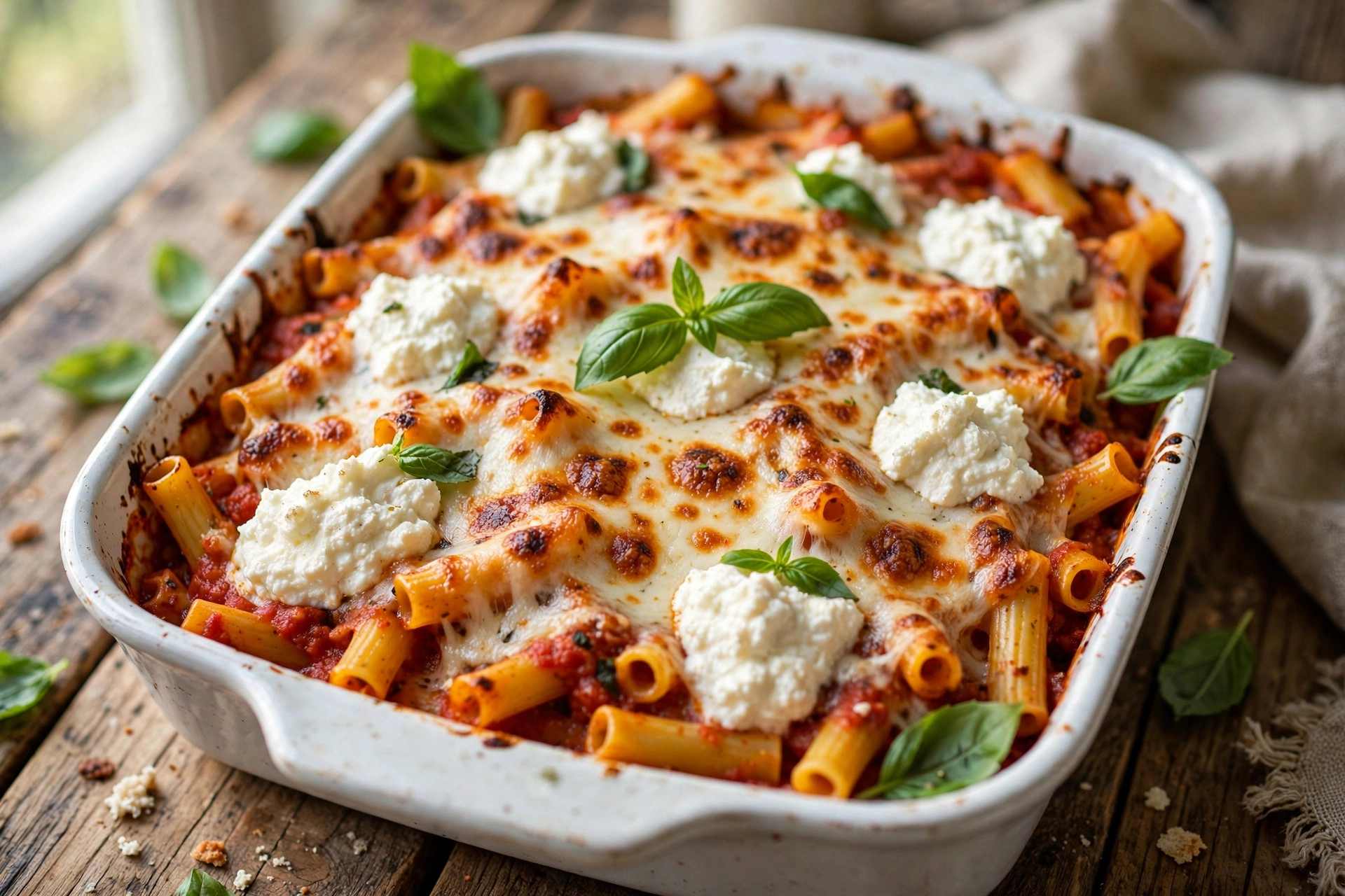 Easy baked ziti with ricotta and melted mozzarella