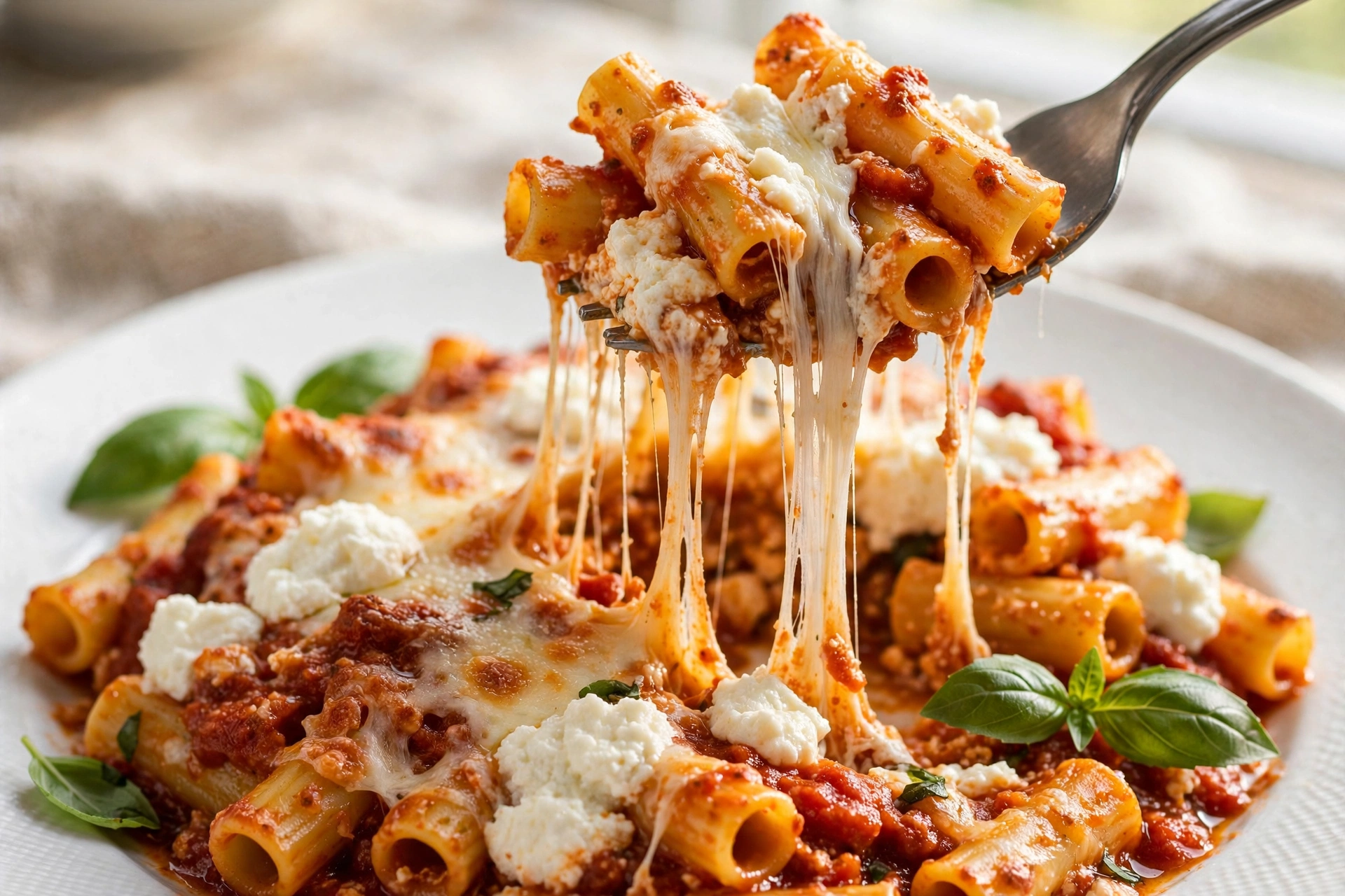 Serving of cheesy baked ziti with ricotta