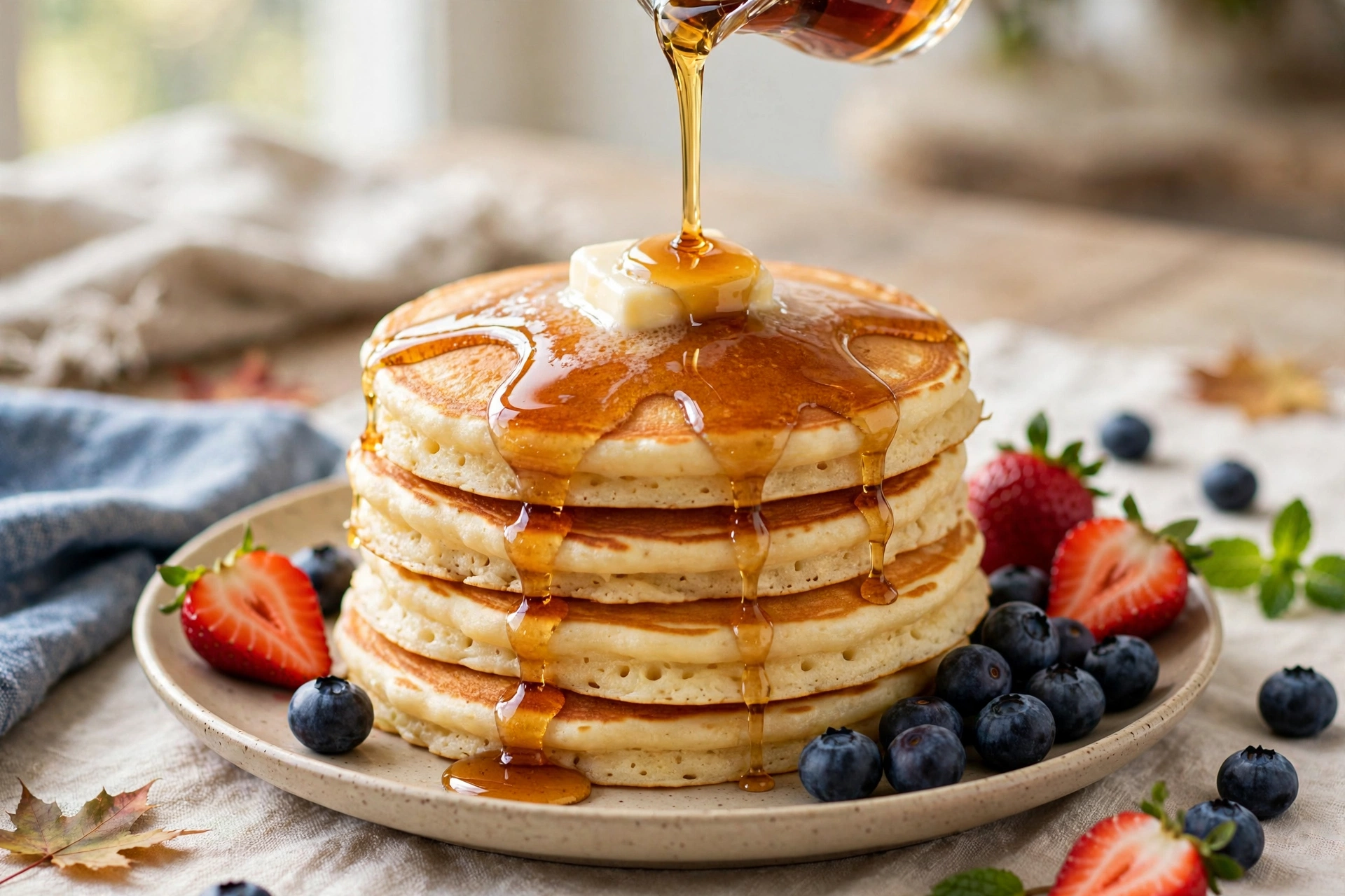 Tall stack of fluffy buttermilk pancakes with melting butter and maple syrup being poured, berries on the side
