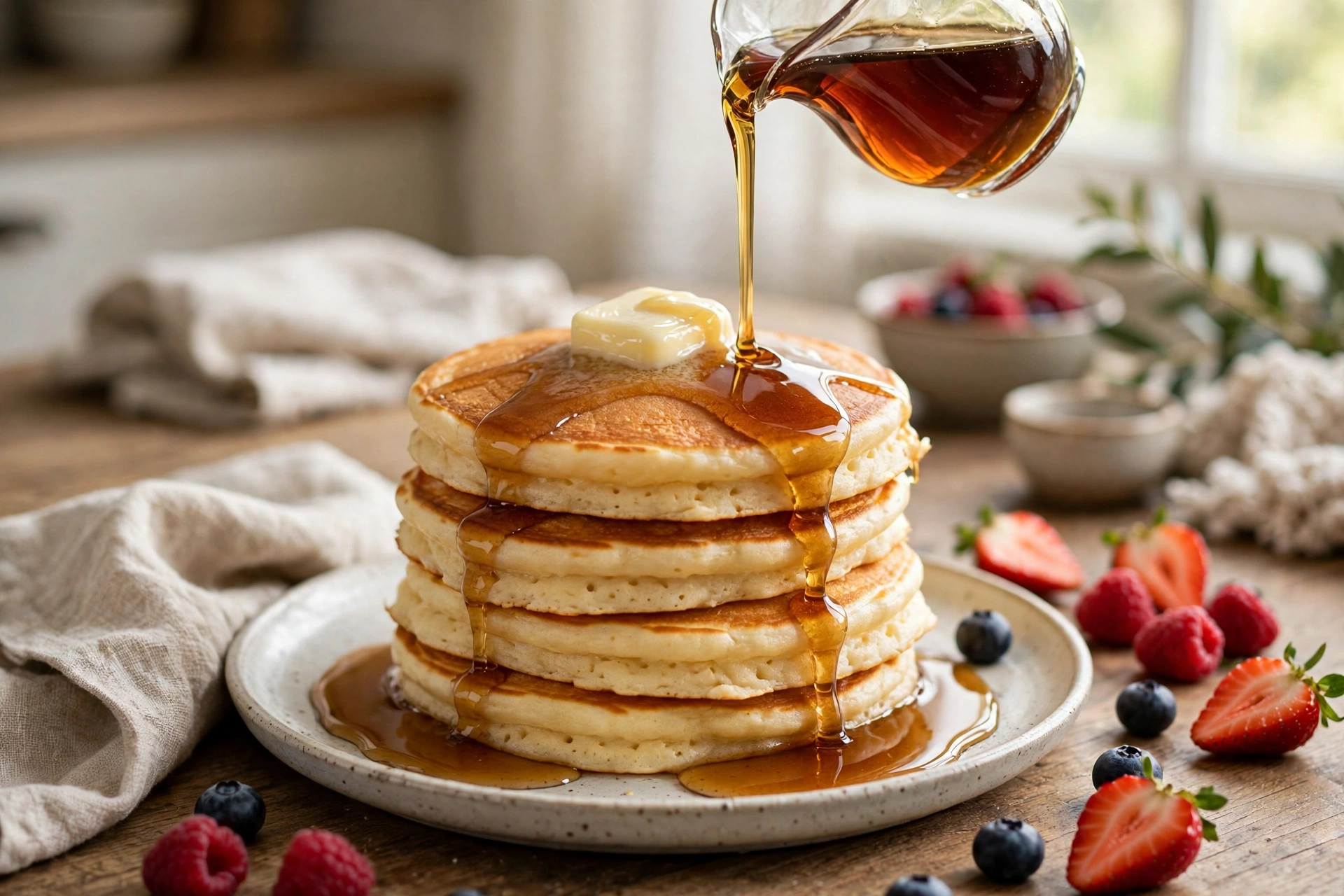 Tall stack of fluffy buttermilk pancakes with butter and maple syrup