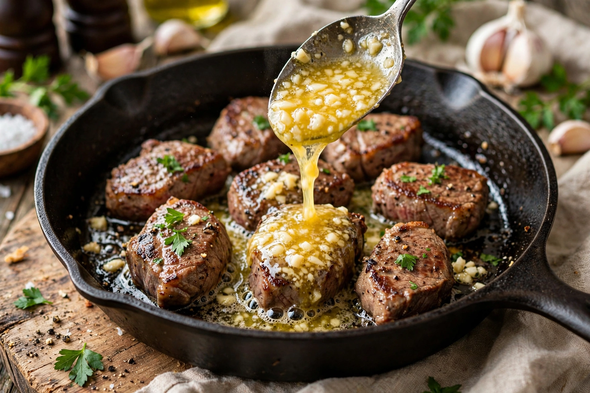 Melted garlic butter being spooned over seared steak bites in a skillet, with minced garlic and fresh parsley