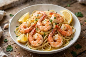 Garlic butter shrimp scampi with linguine in a skillet