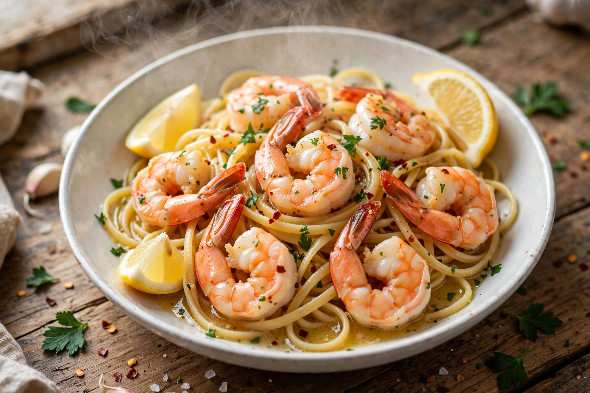 Garlic butter shrimp scampi with linguine in a skillet