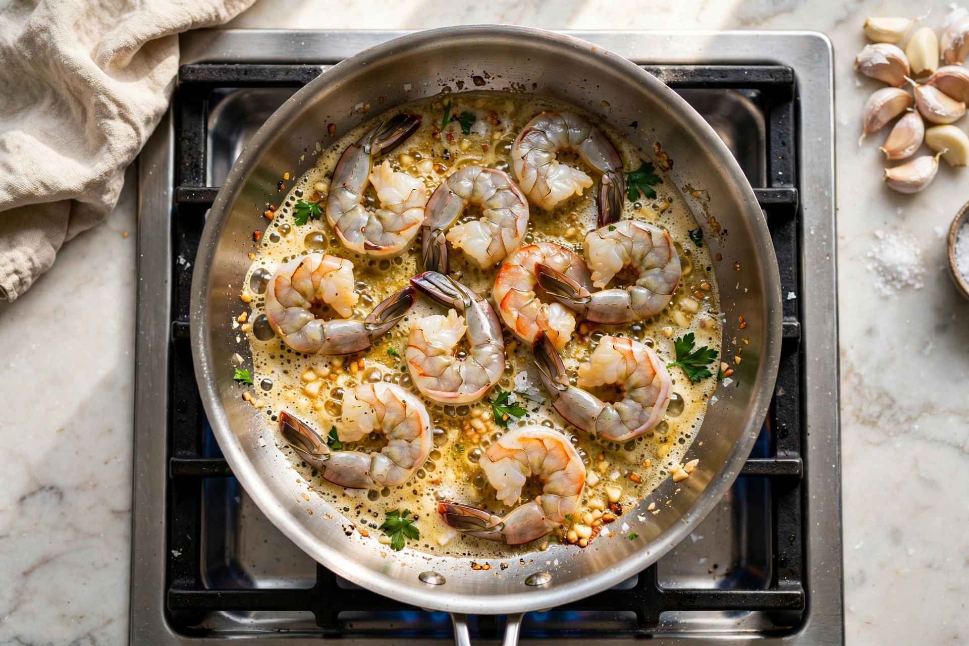 Shrimp cooking in garlic butter sauce