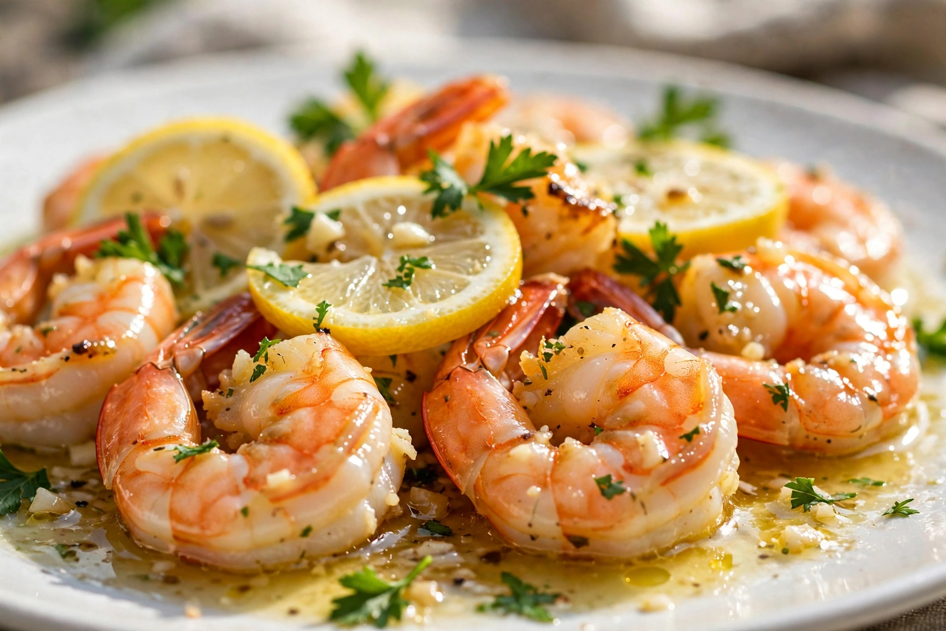 Close-up of garlic butter shrimp scampi over pasta