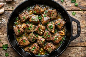 Seared garlic butter steak bites glistening in sauce in a black cast iron skillet, sprinkled with fresh parsley