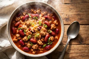 Bowl of healthy turkey chili with beans, cheese and green onion