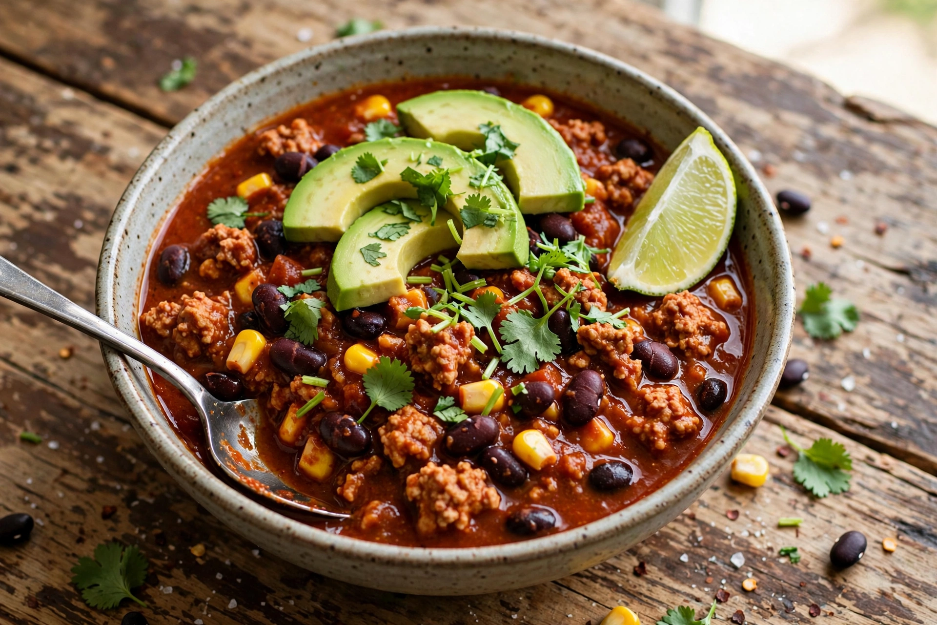 Bowl of healthy turkey chili topped with avocado slices, cilantro and a lime wedge