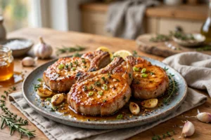 Pan-seared honey garlic pork chops with a glossy glaze