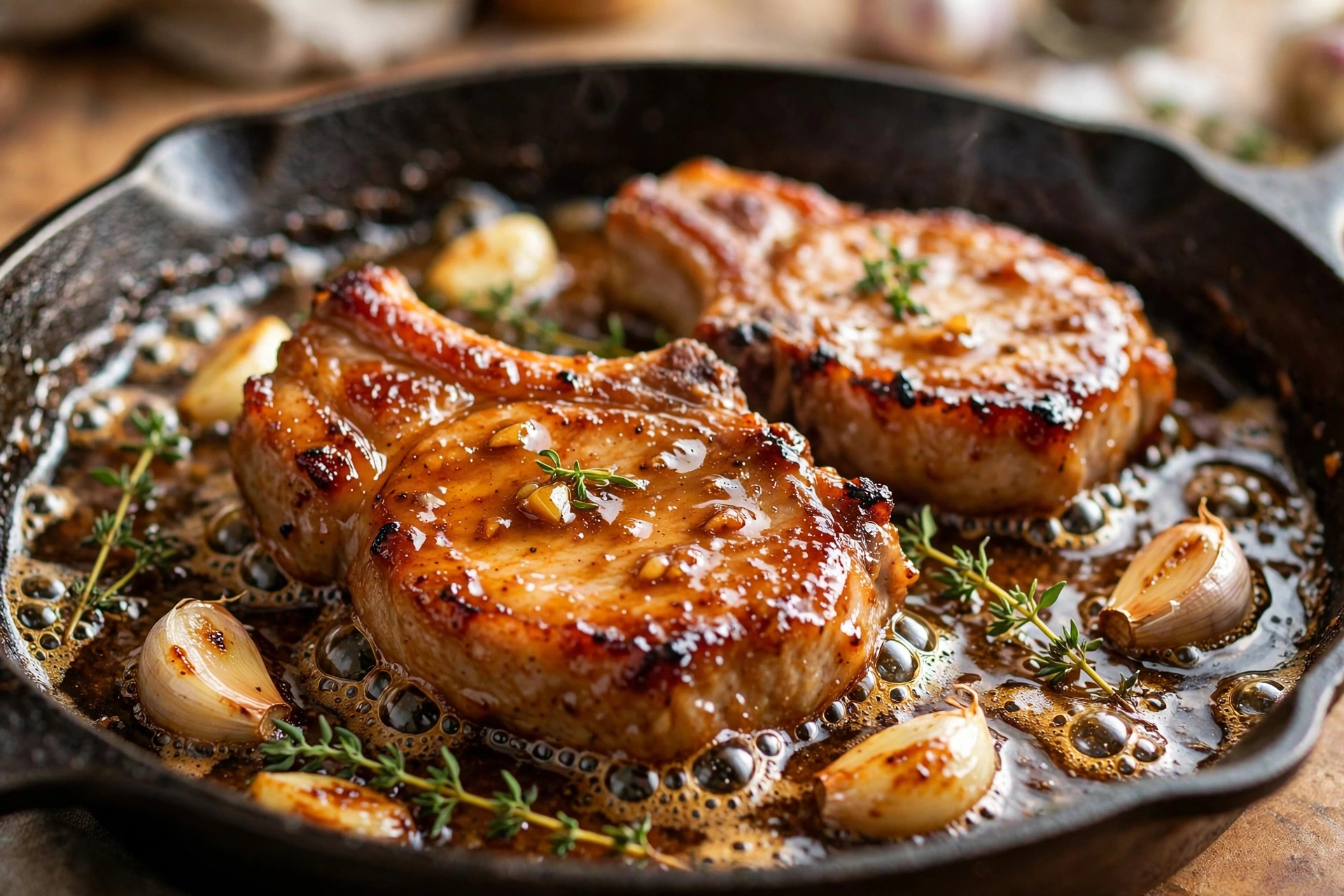 Honey garlic pork chops with caramelized edges glistening in glaze inside a skillet with garlic cloves and thyme