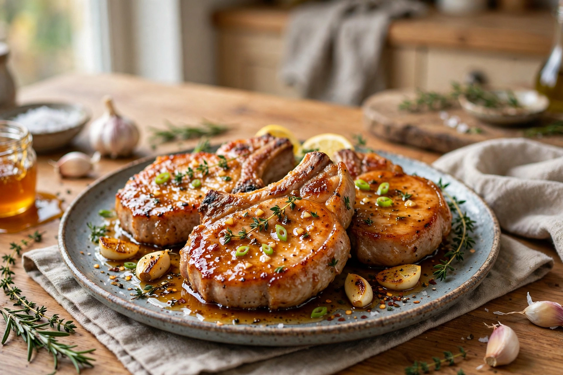 Pan-seared honey garlic pork chops with a glossy glaze