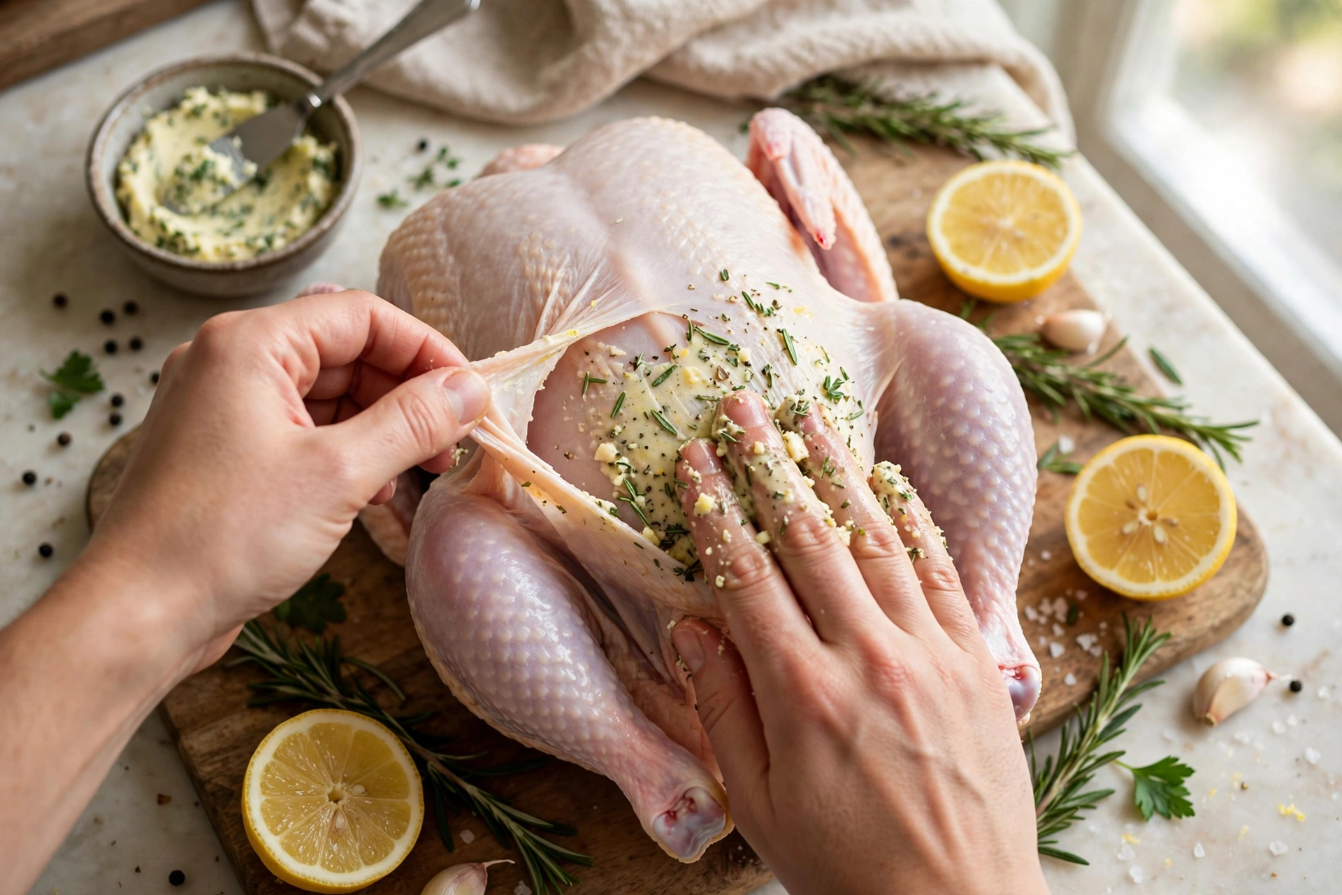 Whole roast chicken with lemon and herbs
