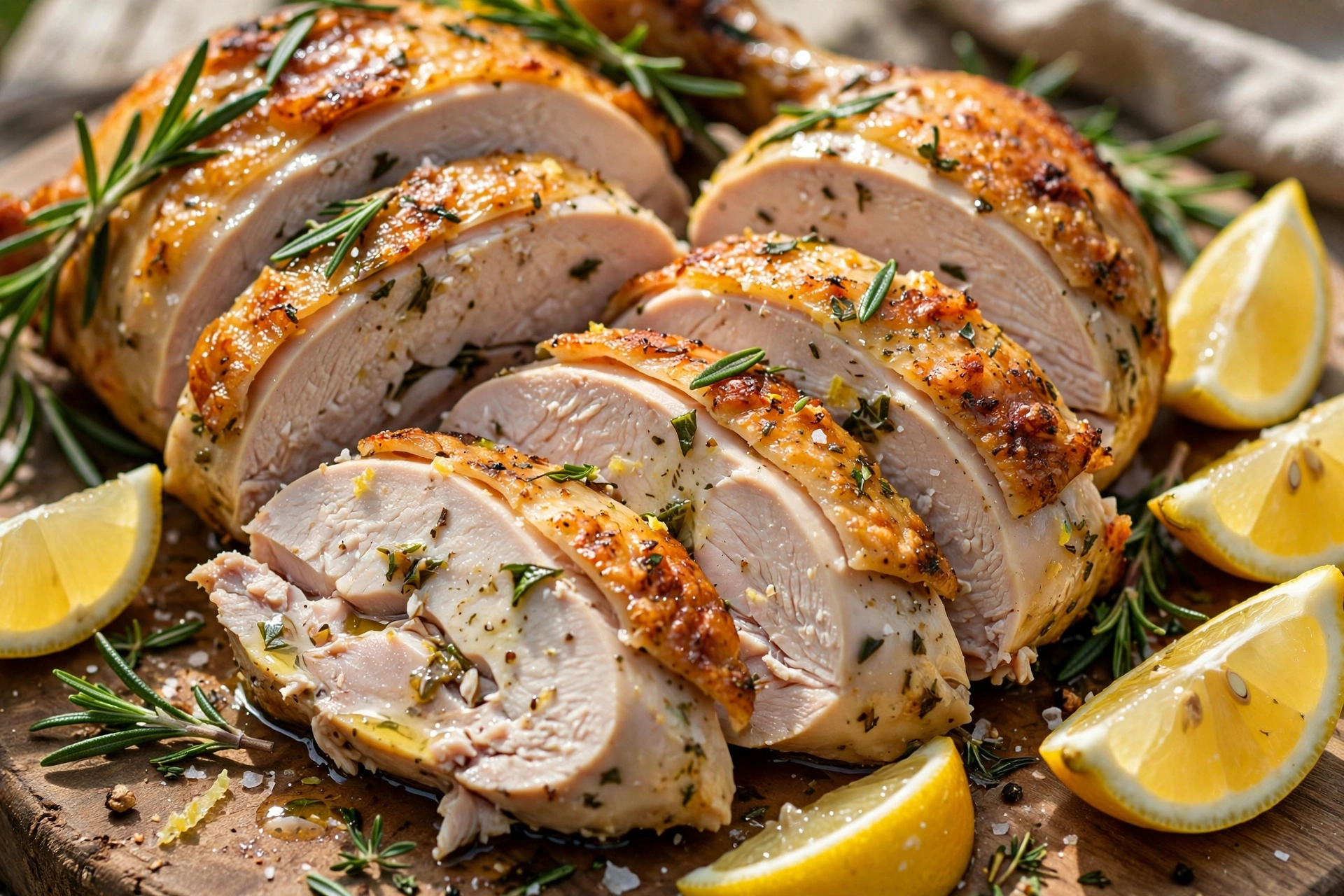 Sliced lemon herb roast chicken showing juicy meat