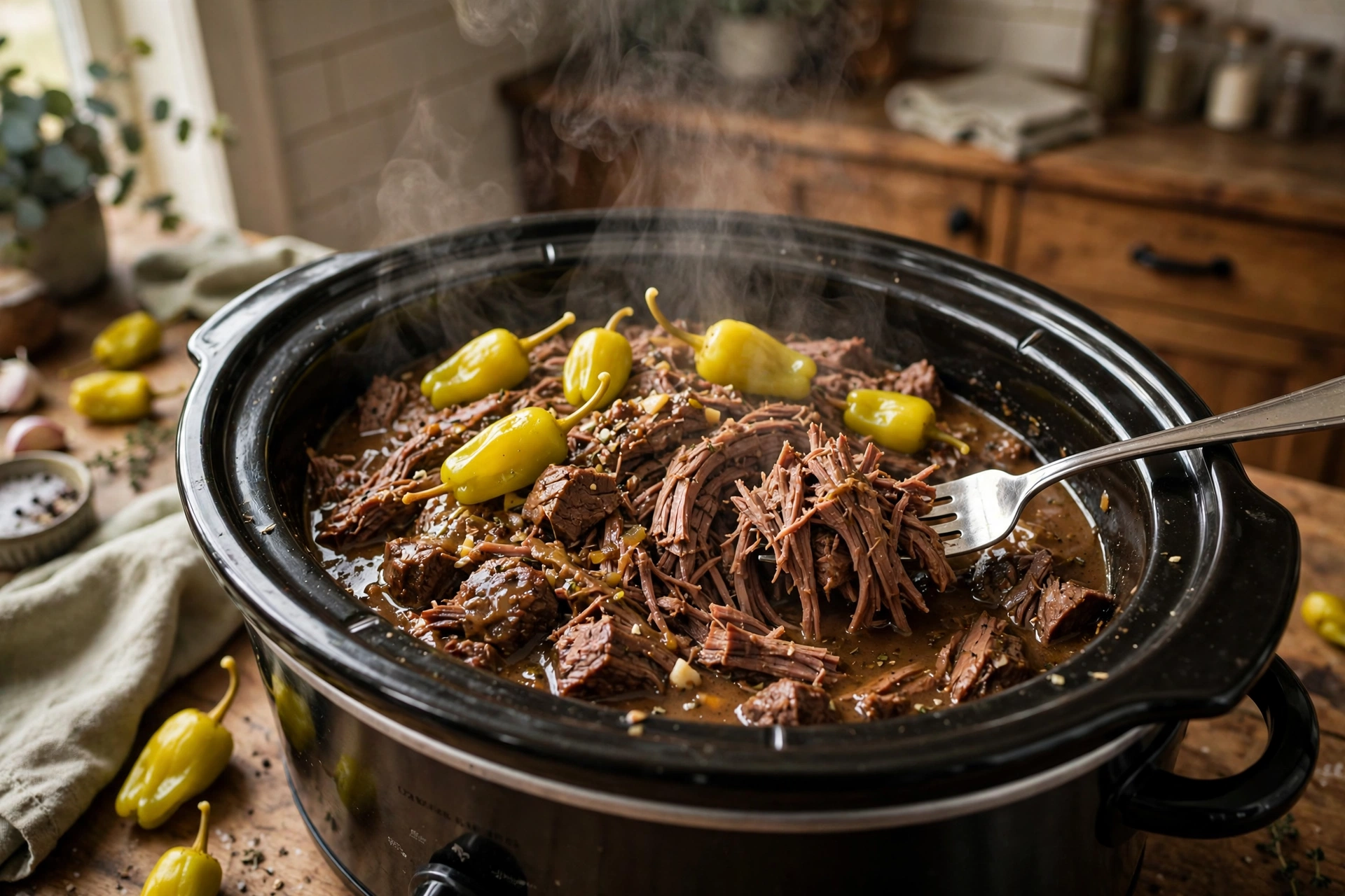 Shredded Mississippi pot roast in an open slow cooker with pepperoncini peppers and rich gravy