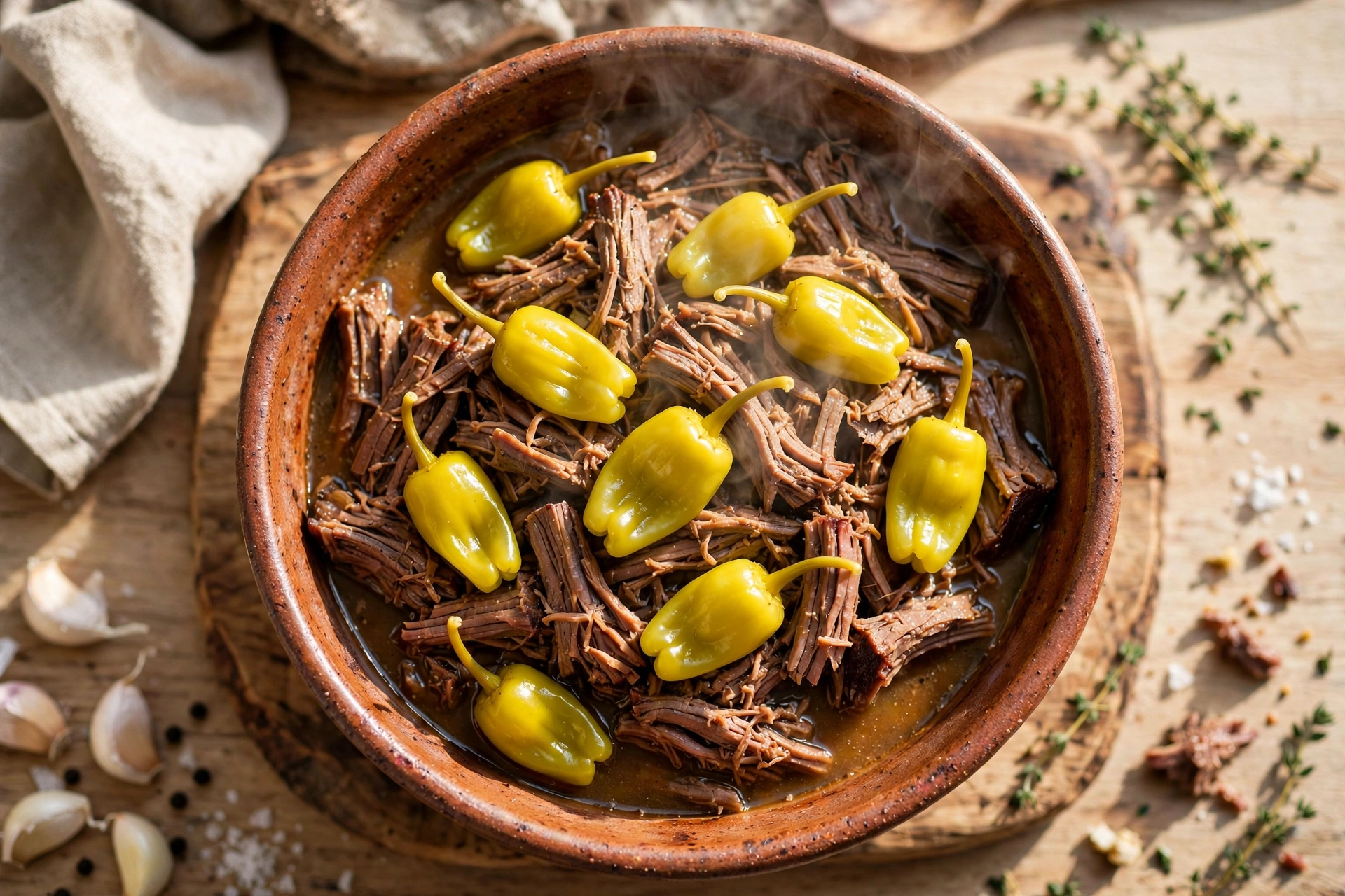 Slow cooker Mississippi pot roast, shredded tender beef with pepperoncini
